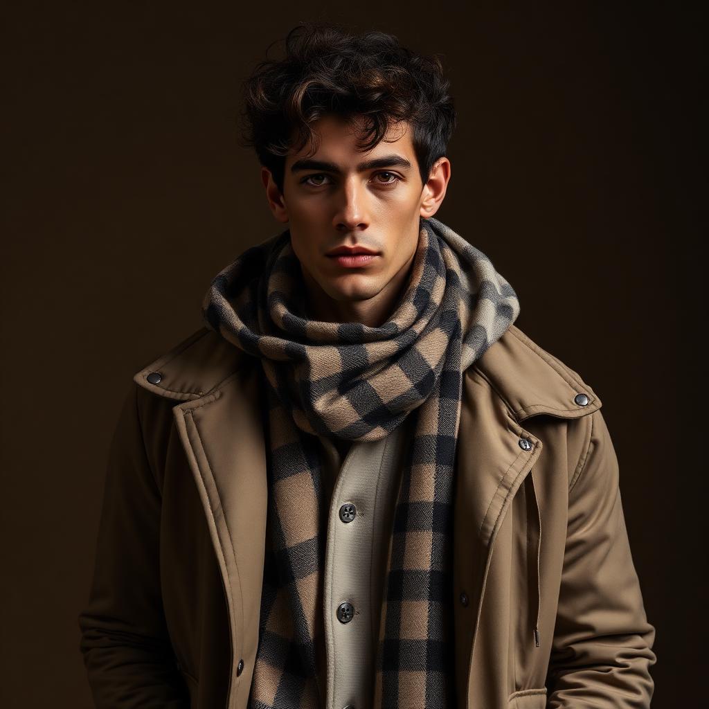 Male model in layered beige jacket and checkered scarf